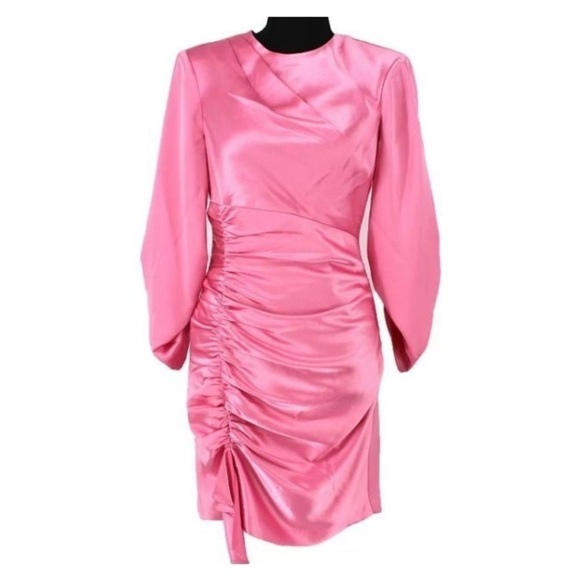 Cinq à Sept Barbie Pink Natalia Smooth Satin Long Sleeve Dress - Picture 3 of 16
